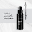 A black bottle of Revision Skincare Revox™ Line Relaxer is shown beside a syringe on white marble. Text reads: Proven effective alone, even better together for fine lines, wrinkles, and improving skin texture.