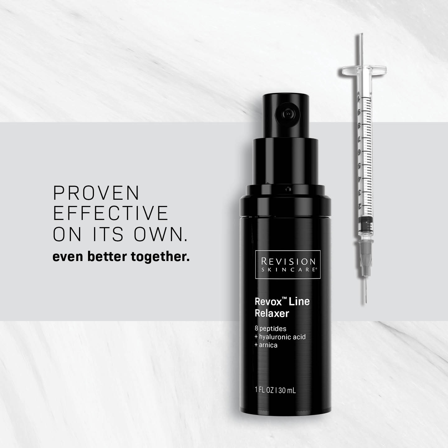 A black bottle of Revision Skincare Revox™ Line Relaxer is shown beside a syringe on white marble. Text reads: Proven effective alone, even better together for fine lines, wrinkles, and improving skin texture.