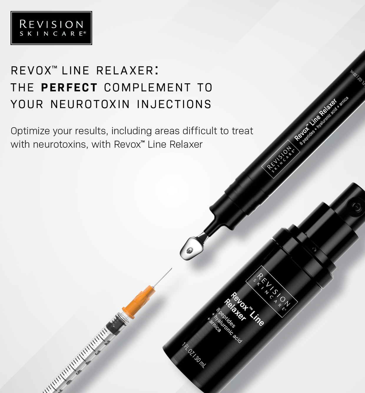 A promotional image for Revision Skincare’s Injection Perfection Full-Size Regimen, showing black bottles and an orange-capped syringe on a light background, spotlights its anti-aging benefits for expression lines and use alongside injection treatments.