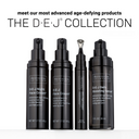 Three black bottles of Revision Skincare’s D·E·J Collection—including D·E·J Night Face Cream®—stand upright against a white background, with their product names and descriptions clearly visible.