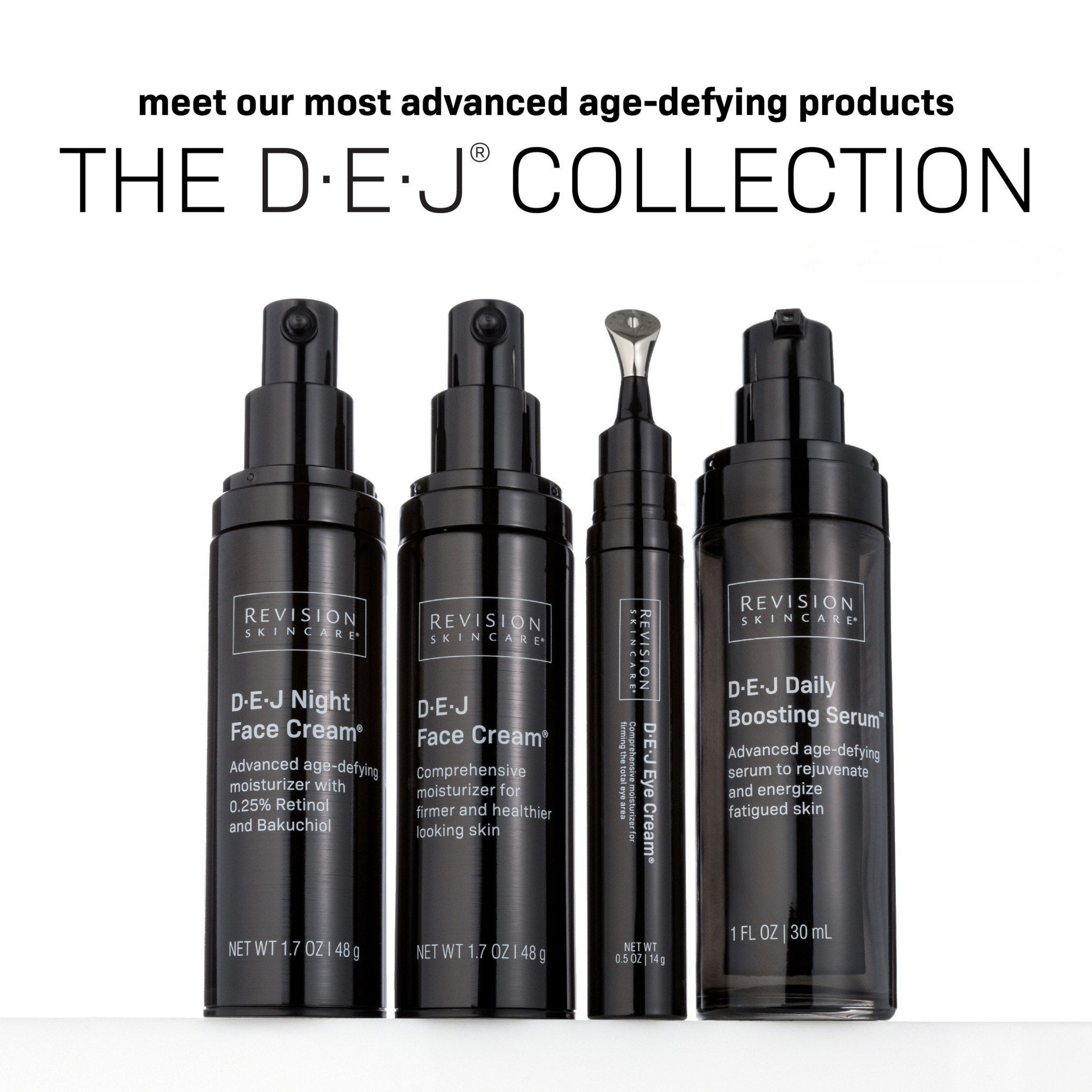 Three black bottles of Revision Skincare’s D·E·J Night Face Cream®—a nighttime moisturizer featuring Retinol and Bakuchiol—are displayed beneath marketing text.