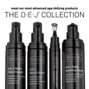 A black bottle of Revision Skincare Travel Size D·E·J Daily Boosting Serum® 0.5 fl oz is displayed beneath text promoting advanced age-defying skincare benefits and improved skin firmness.