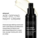 A black pump-top bottle of Revision Skincare D·E·J Night Face Cream®, an advanced nighttime moisturizer with 0.25% Retinol and Bakuchiol, is shown against a cream smear background.