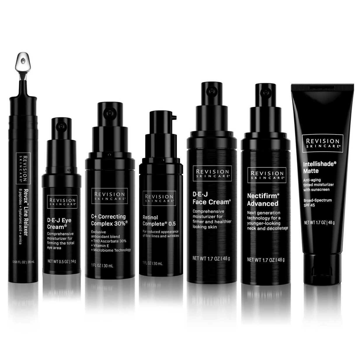 Seven sleek black bottles and tubes from the Revision Skincare The Revision Ritual Full Size Regimen are arranged in a row against a white background, showcasing anti-aging moisturizers, creams, and a peptide-rich serum.