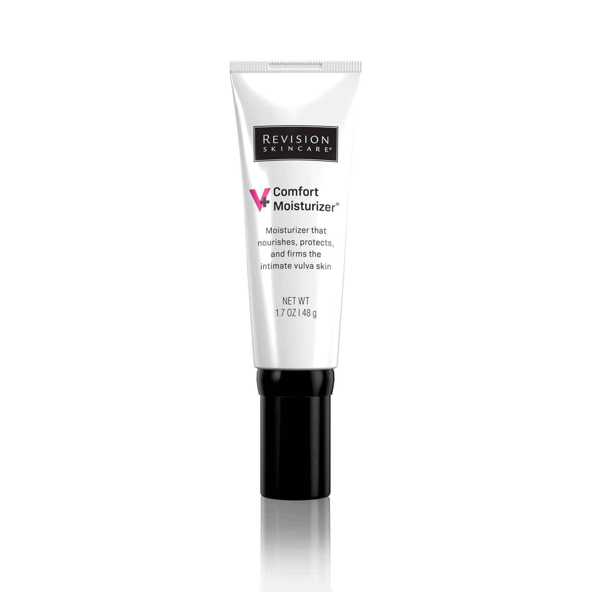 A white tube of Revision Skincare V+ Comfort Moisturizer® 1.7 oz with a black cap, designed to hydrate and firm the vulvar area, is shown against a white background.