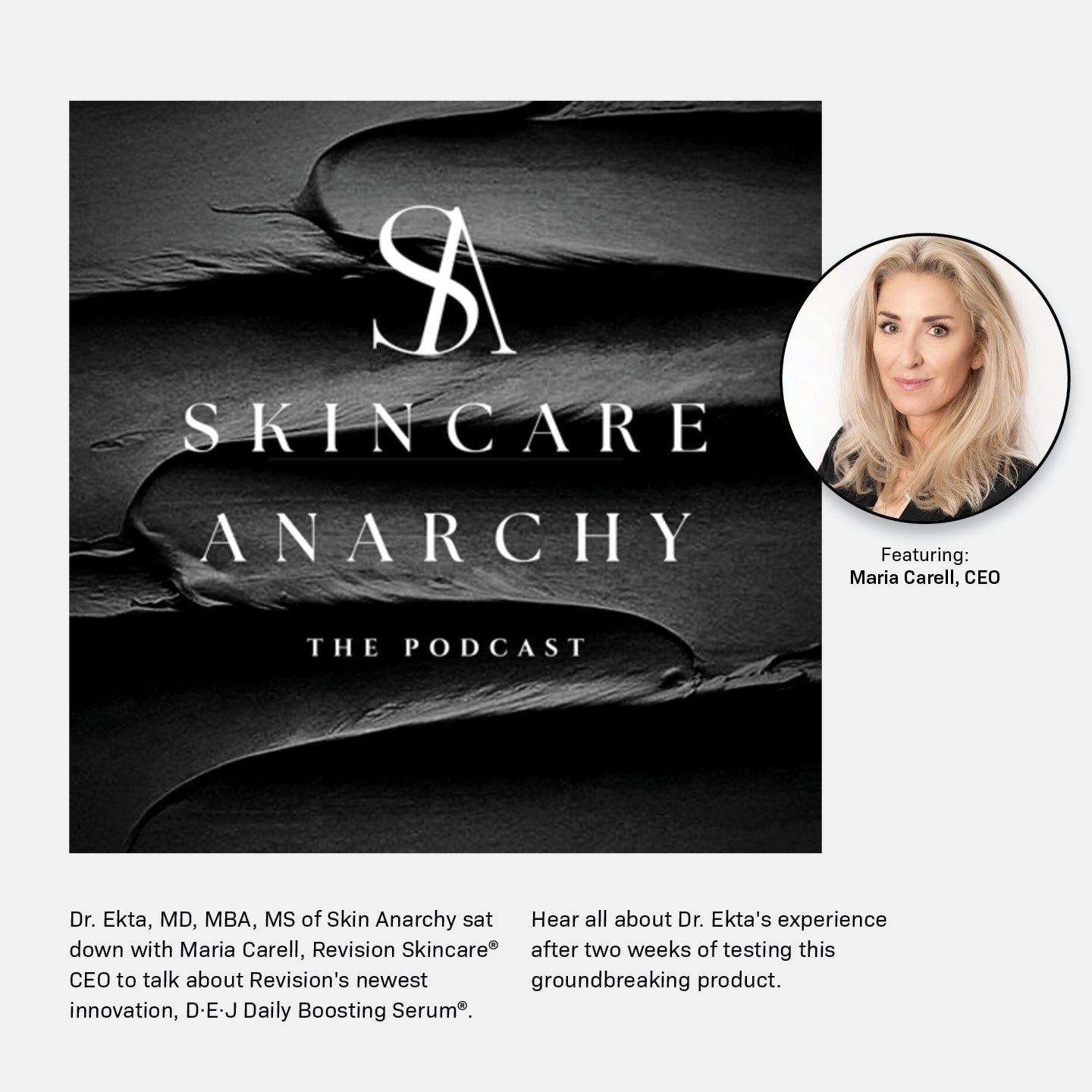 Podcast cover for Skincare Anarchy with textured black background, SA logo, and text. Inset photo of Maria Carell, CEO, with a caption featuring her. Text below describes a discussion about a new skincare product.