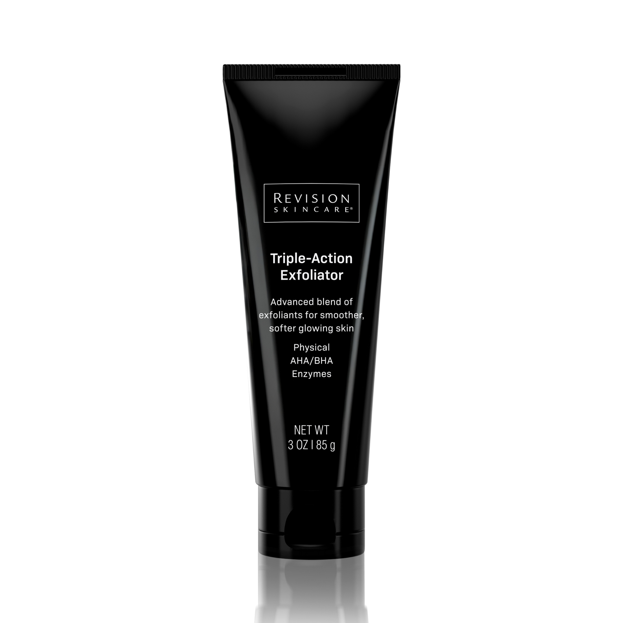 A 3 oz (85 g) black tube of Revision Skincare Triple-Action Exfoliator with white text; the label notes physical and chemical exfoliants plus pomegranate enzymes for smoother, radiant skin.