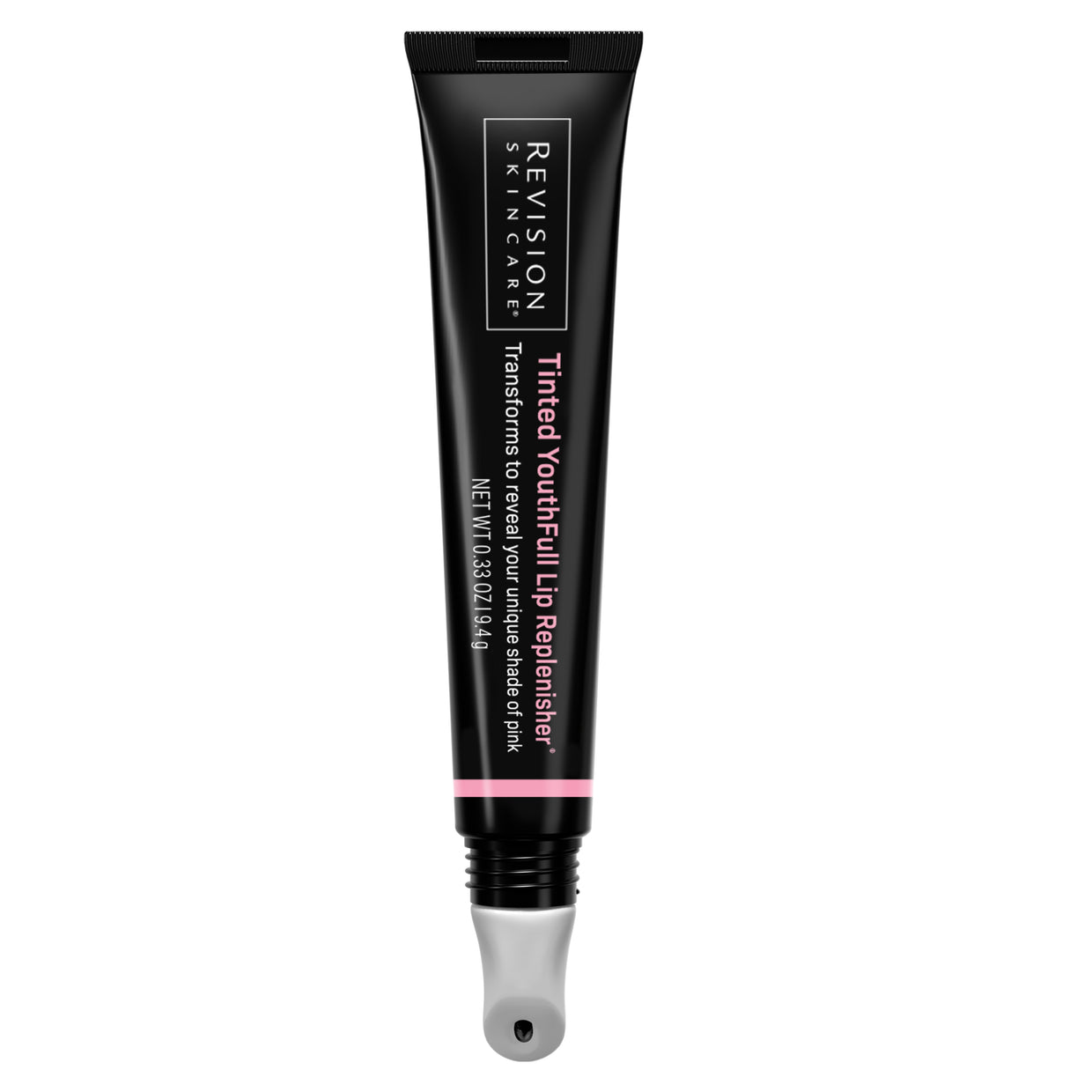 A black tube of Revision Skincare’s Tinted YouthFull Lip Replenisher® features a metal applicator, white and pink text, clear cap, and hydrates while providing a tint to lips.