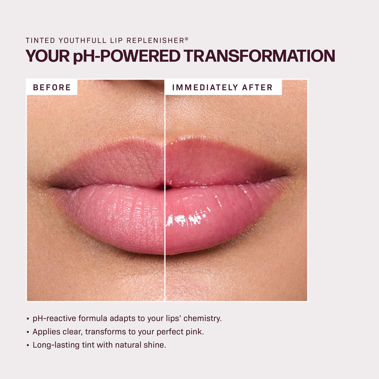 Close-up of lips, with one side natural and the other rosier and glossier—showing the effect of Tinted YouthFull Lip Replenisher® by Revision Skincare, a hydrating treatment with pH-reactive technology for adaptive, lasting color.
