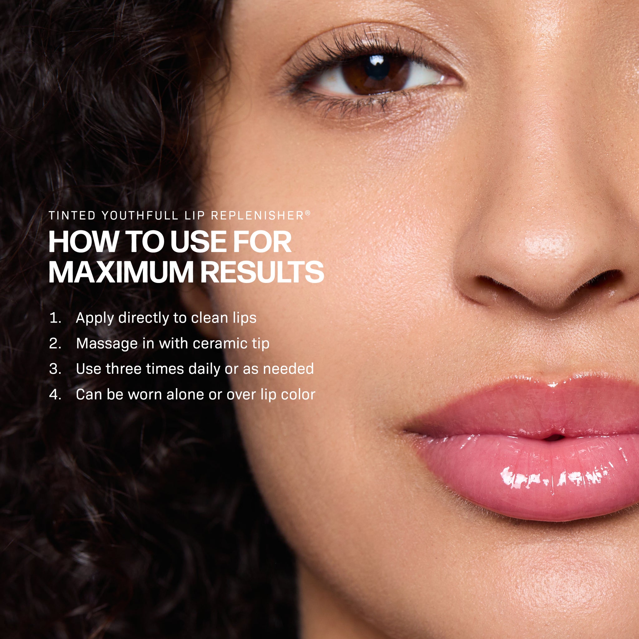 Close-up of a womans lower face with smooth, glossy lips. Text highlights application tips and usage frequency for Revision Skincares Tinted YouthFull Lip Replenisher® hyaluronic acid treatment to help achieve maximum results.