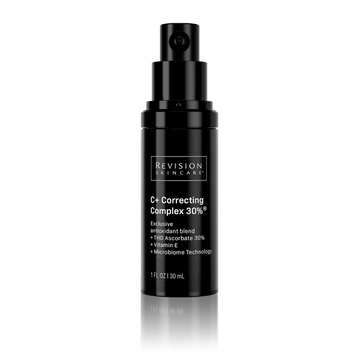 A 1 fl oz (30 mL) black pump bottle of Revision Skincare C+ Correcting Complex 30%® with white text features Vitamin C and MelaPATH technology to brighten skin.