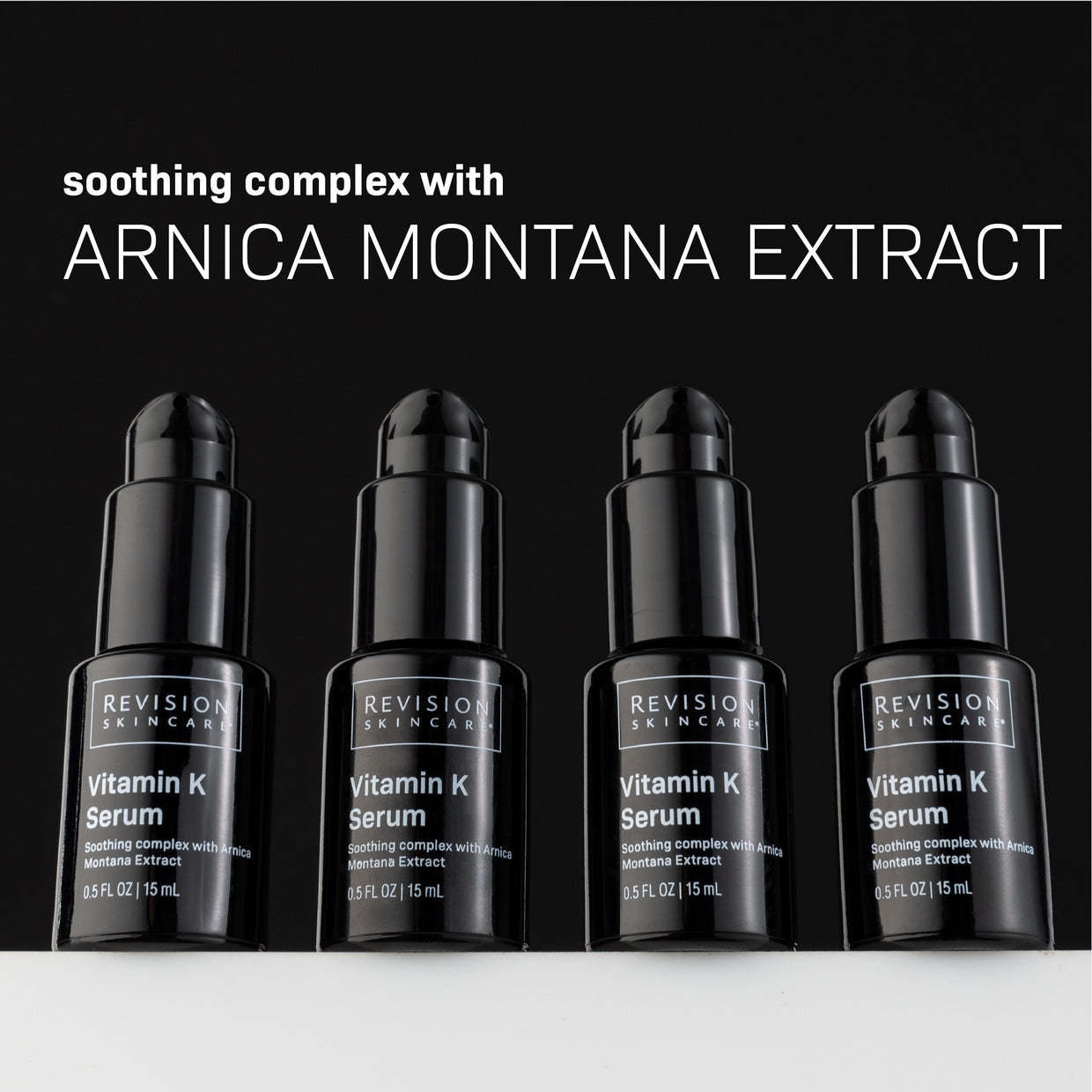 Four black bottles of Revision Skincare Vitamin K Serum 0.5 fl oz are arranged in a row on a dark surface. Text above highlights soothing Arnica Montana Extract and antioxidant benefits.