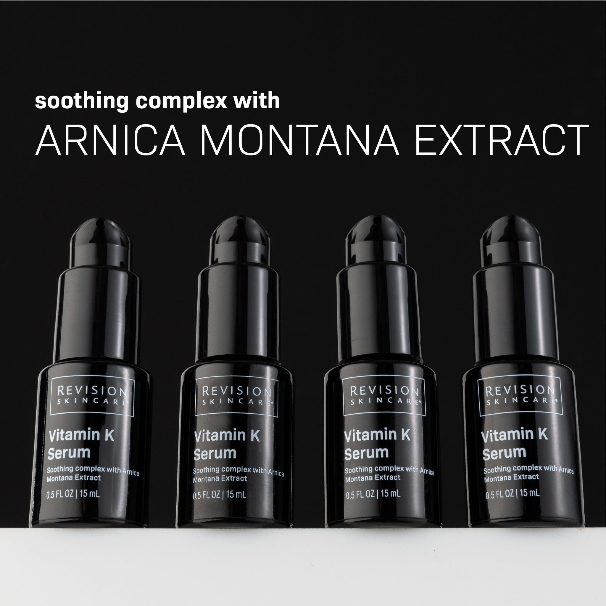 Four black bottles of Revision Skincare Vitamin K Serum 0.5 fl oz are arranged in a row on a dark surface. Text above highlights soothing Arnica Montana Extract and antioxidant benefits.