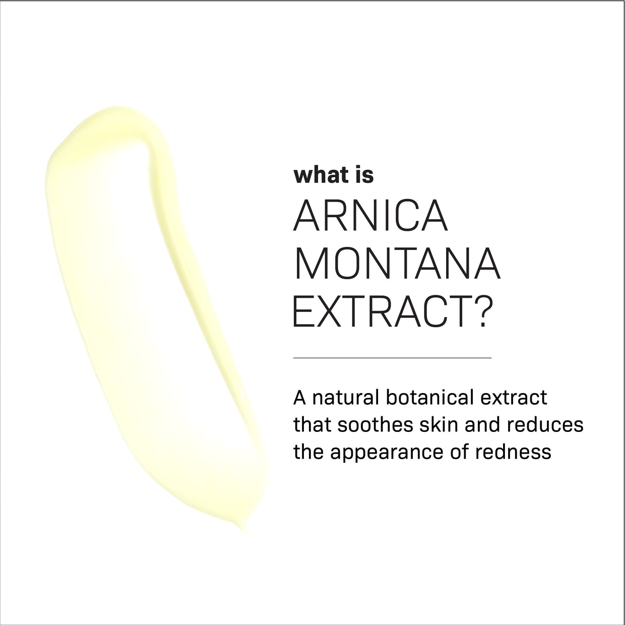 A light yellow cream smear next to text explaining that Revision Skincare Vitamin K Serum 0.5 fl oz contains Arnica Montana Extract, a natural botanical with antioxidant benefits that soothes skin and reduces redness.