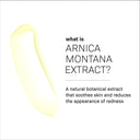 A light yellow cream smear next to text explaining that Revision Skincare Vitamin K Serum 0.5 fl oz contains Arnica Montana Extract, a natural botanical with antioxidant benefits that soothes skin and reduces redness.