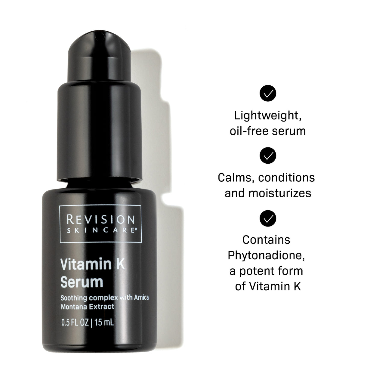 A black bottle of Revision Skincare Vitamin K Serum 0.5 fl oz sits on a white background. Beside it, text notes its lightweight, oil-free, and moisturizing formula with calming Arnica Montana Extract and antioxidant benefits.