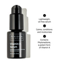 A black bottle of Revision Skincare Vitamin K Serum 0.5 fl oz sits on a white background. Beside it, text notes its lightweight, oil-free, and moisturizing formula with calming Arnica Montana Extract and antioxidant benefits.