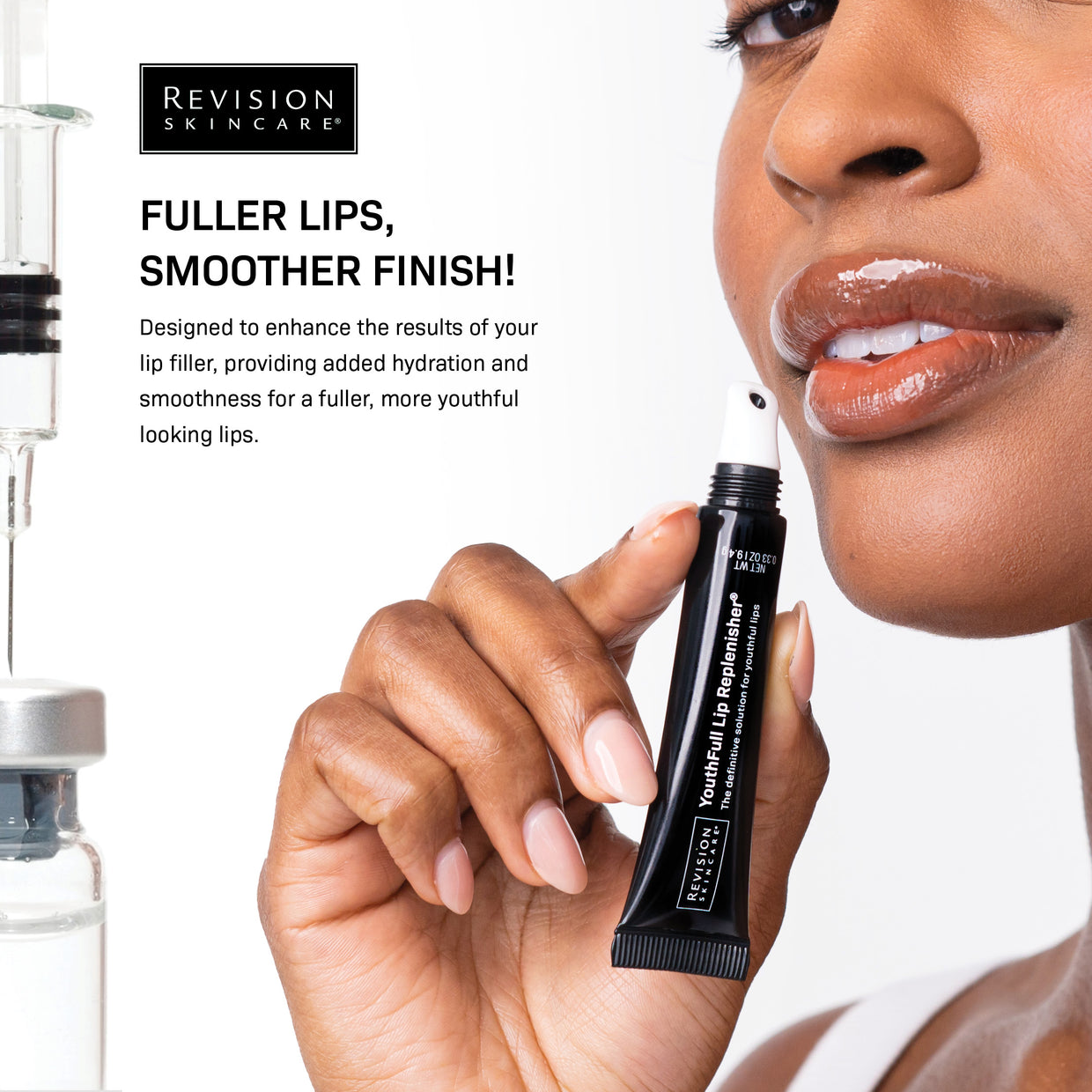 A woman applies Revision Skincare’s Injection Perfection Full-Size Regimen, designed to target expression lines for fuller, smoother lips. A close-up of her lower face and hand holding the tube suggests an injection-like treatment effect.