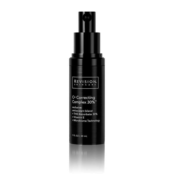 A black bottle of Revision Skincare’s Brightening Full Size Regimen with a pump dispenser delivers even skin tone, featuring THD Ascorbate, Vitamin E, and Microbiome Technology in a 1 fl oz (30 mL) size.