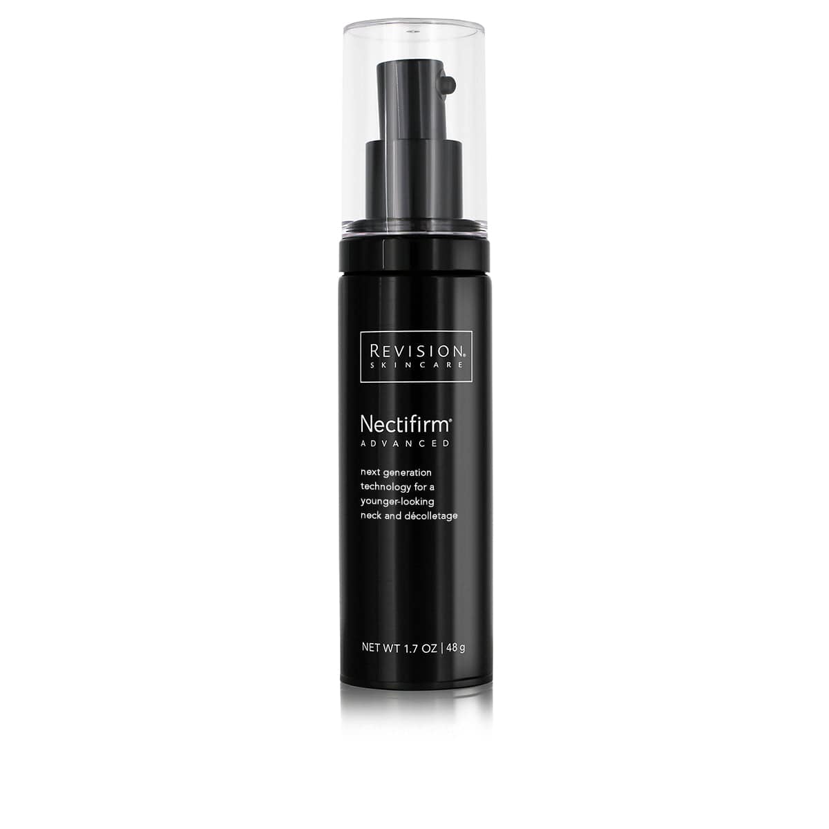 A sleek black bottle of Revision Skincares Brightening Full Size Regimen with a pump dispenser and transparent cap contains 1.7 oz (48g), offering an even skin tone and brightening benefits.