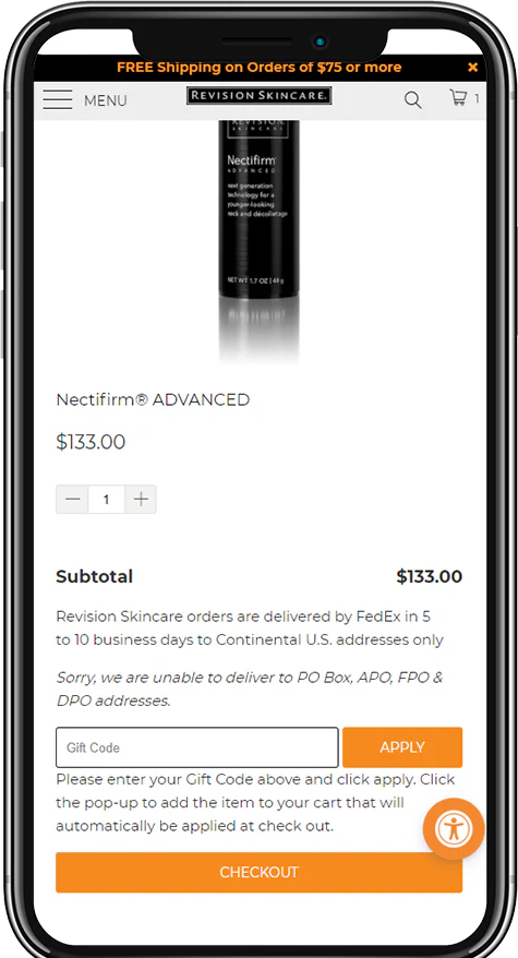 A smartphone screen displays an online shopping page for Nectifirm® ADVANCED by Revision Skincare, priced at $133.00, with options to adjust quantity, enter a gift code, and proceed to checkout.