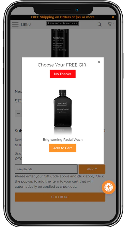 A smartphone displays a skincare shopping site with a pop-up offering a free Brightening Facial Wash. Options No Thanks and Add to Cart are visible, along with a sample code entry box and checkout button.