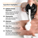 A hand dispenses white cream from a black Revision Skincare Gentle Foaming Cleanser bottle, featuring key soothing ingredients such as Sodium Cocoyl Glycinate, Chamomile, Allantoin, Aloe Vera, and Panthenol.