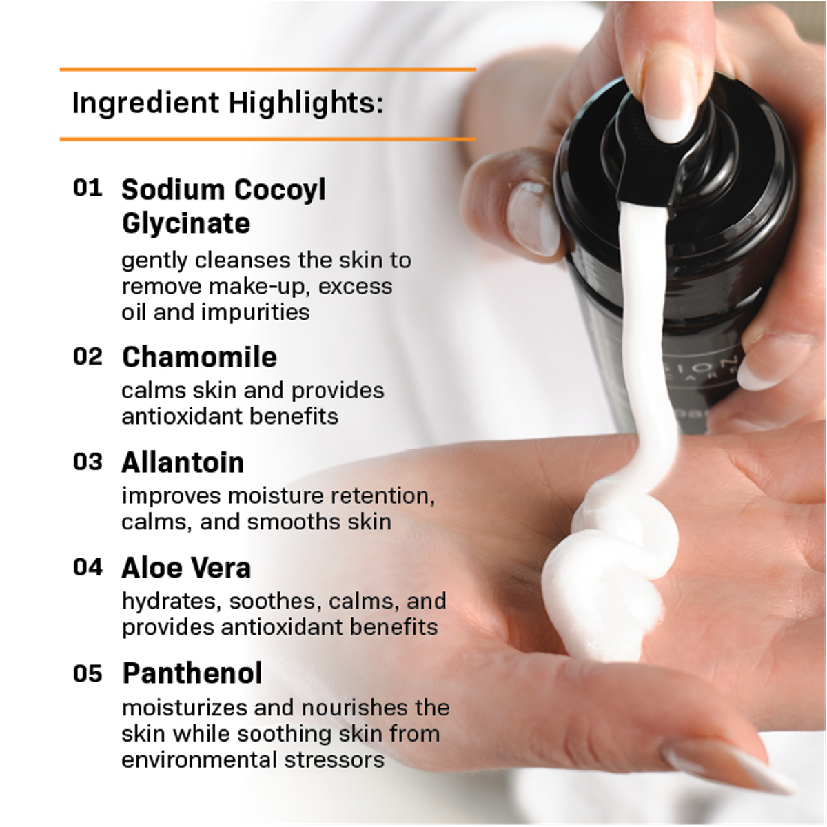A hand dispenses white cream from a black Revision Skincare Gentle Foaming Cleanser bottle, featuring key soothing ingredients such as Sodium Cocoyl Glycinate, Chamomile, Allantoin, Aloe Vera, and Panthenol.
