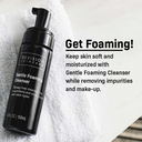 A black pump bottle of Revision Skincare Gentle Foaming Cleanser sits on a white towel, with text noting its soap-free formula that removes impurities and makeup while keeping skin soft.