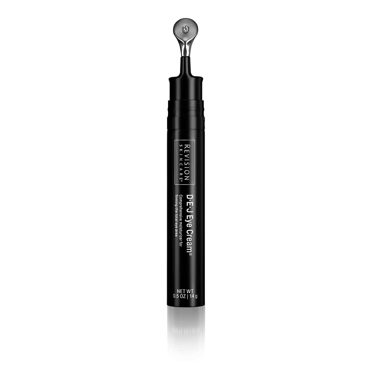 A black tube of Revision Skincare D·E·J Eye Cream® with a silver applicator tip stands upright on a white background, featuring its advanced formula designed to address eyelid drooping and visible signs of aging.