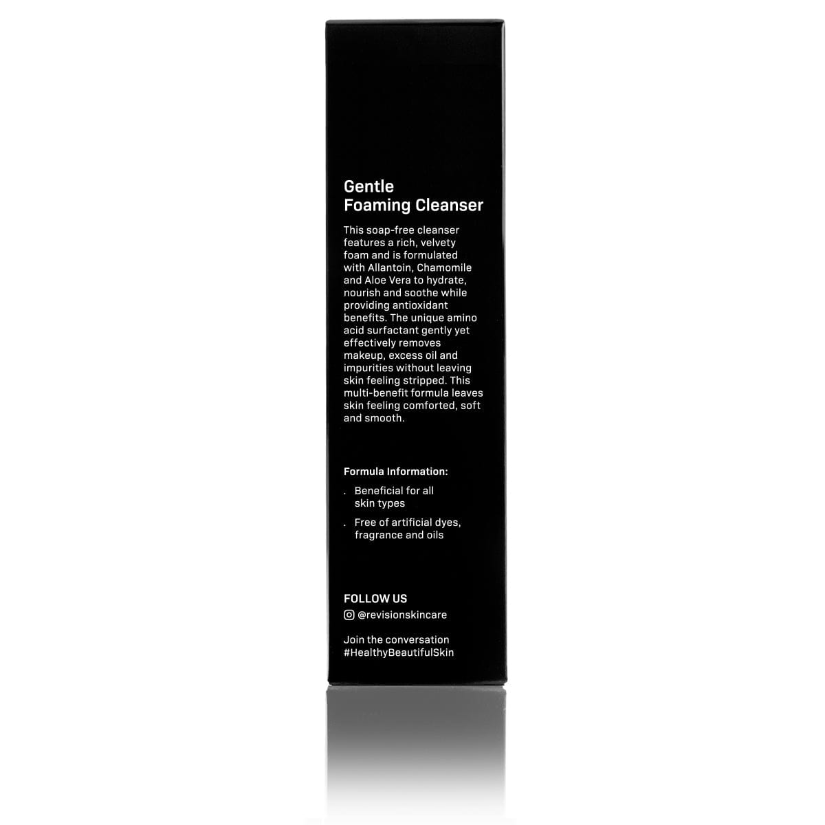 A black rectangular box labeled Gentle Foaming Cleanser by Revision Skincare shows details about this soap-free, amino acid surfactant cleanser and its ingredients in white font, with contact info at the bottom.