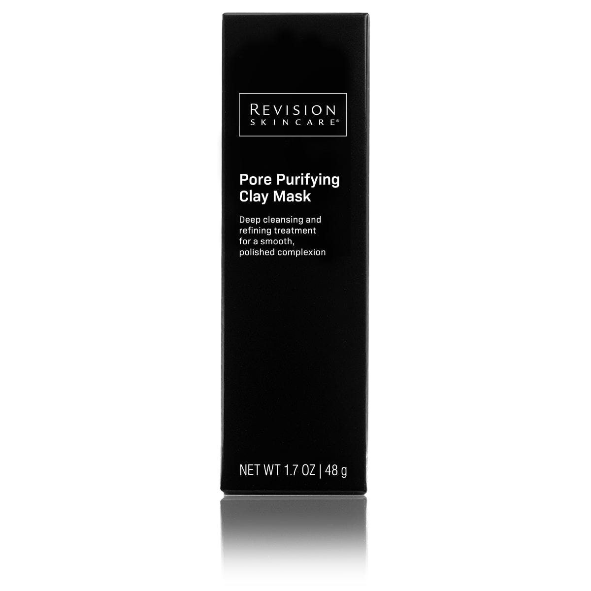 A black box of Revision Skincare Pore Purifying Clay Mask with white text describing it as a deep-cleansing treatment to unclog pores. Net weight: 1.7 oz (48 g).