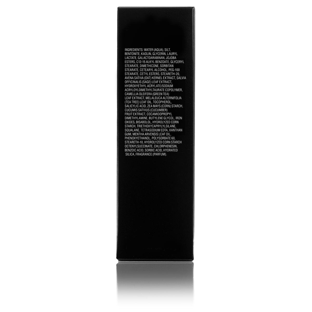 A black rectangular box of Revision Skincare’s Pore Purifying Clay Mask stands upright on a white background with its ingredients listed in white text on the front. A soft reflection appears below, emphasizing its sleek, pore-unclogging formula.