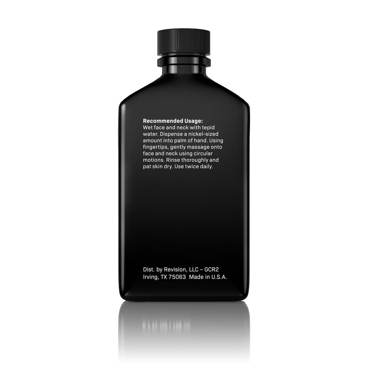 A black bottle labeled with dosages for Revision Skincare Gentle Cleansing Lotion, which features naturally-derived cleansing agents—ideal for dry or sensitive skin. Distributor info is listed at the bottom.
