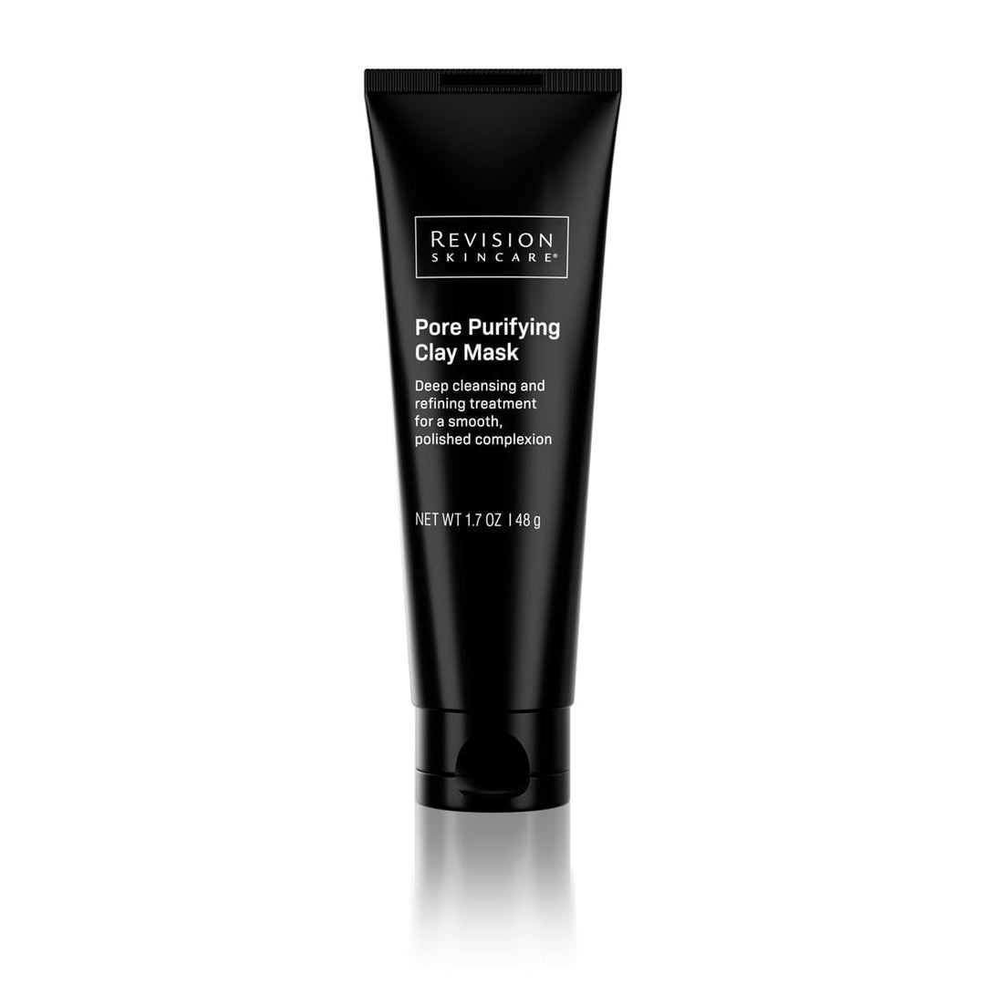 A black tube of Revision Skincare Pore Purifying Clay Mask, 1.7 oz (48 g), shown against a white background; designed to absorb excess oil and deeply cleanse and refine skin.