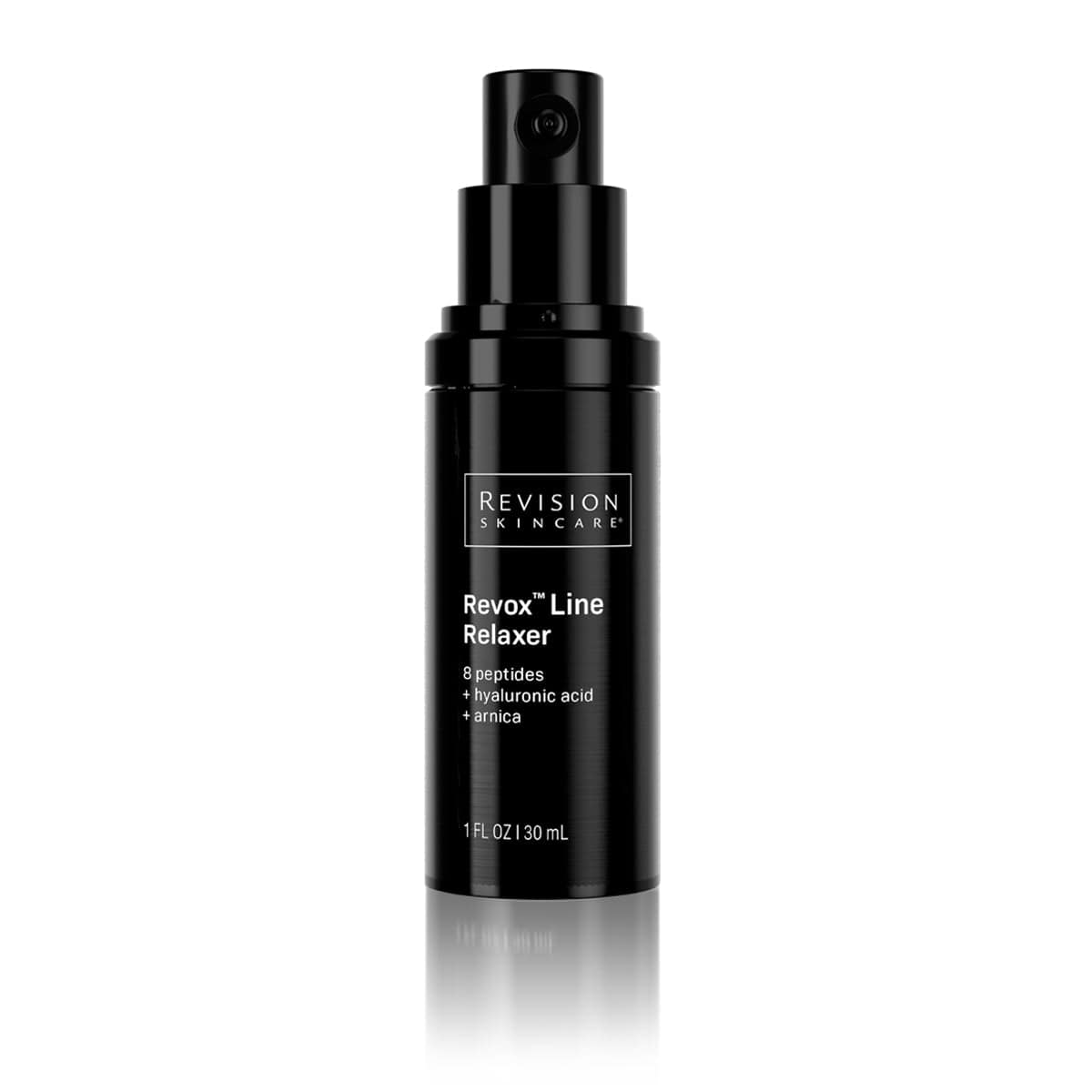 A black bottle of Revision Skincare Revox™ Line Relaxer with a pump top, featuring peptides, hyaluronic acid, and arnica, stands against a white background; it targets fine lines, wrinkles, and visibly improves skin texture.
