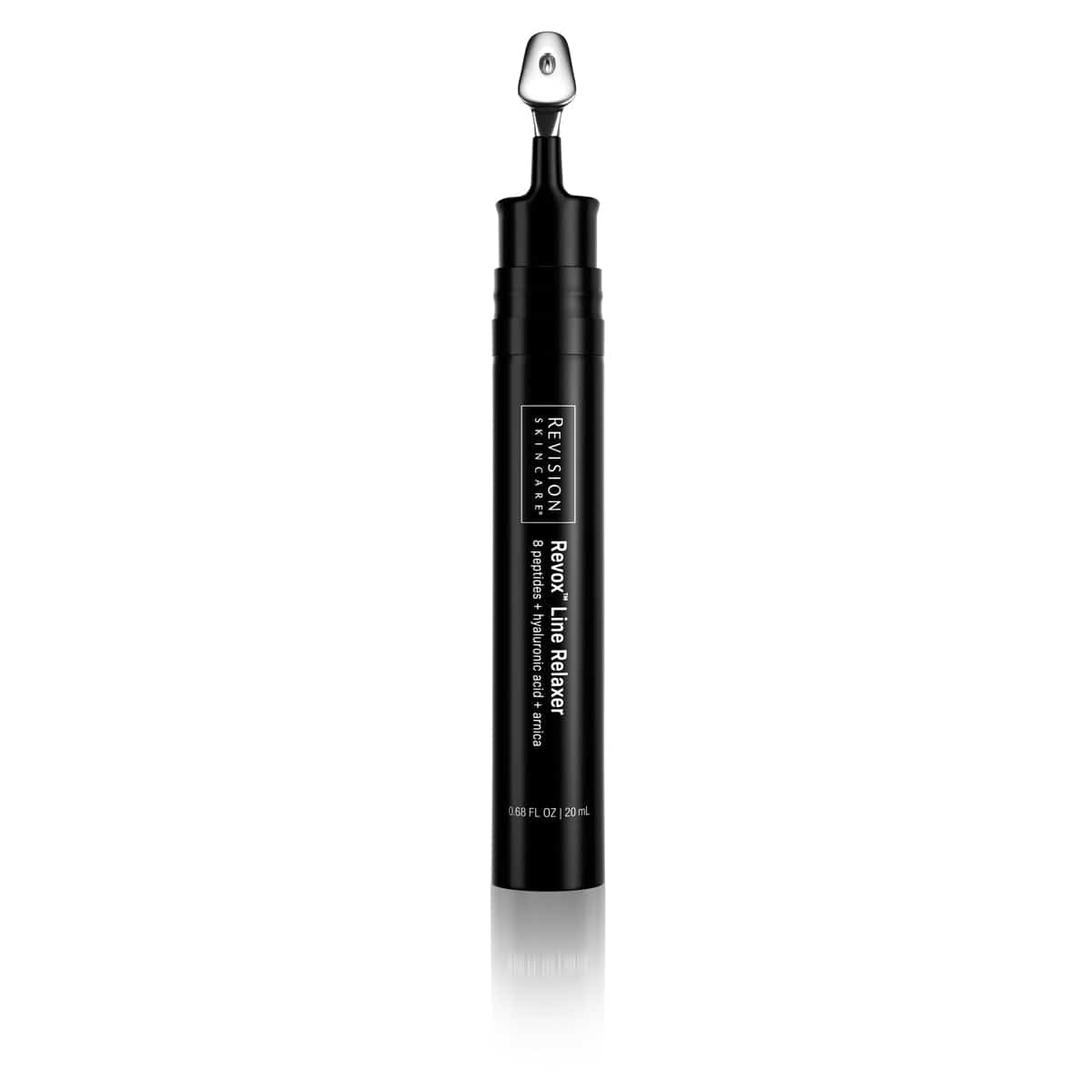 A black tube of Revision Skincare Revox™ Line Relaxer with a metal applicator tip stands upright on a white background, formulated to target fine lines and wrinkles for visible improvement in skin texture.