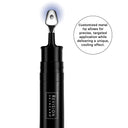 A black Revision Skincare Revox™ Line Relaxer tube with a metal tip emits a blue glow. A text bubble says: Customized metal tip enables precise application, enhances skin texture, and diminishes fine lines and wrinkles.