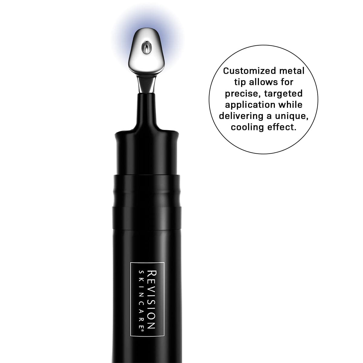 A black Revision Skincare Revox™ Line Relaxer tube with a metal tip emits a blue glow. A text bubble says: Customized metal tip enables precise application, enhances skin texture, and diminishes fine lines and wrinkles.
