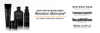 Black skincare products from Revision Skincare are displayed on the left, with media mentions from Who What Wear, Town & Country, Healthline, and Real Simple on the right.