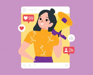 Illustration of a woman holding a megaphone, standing inside a social media post frame with like and follower icons showing 99 likes and 2k followers, on a purple background.
