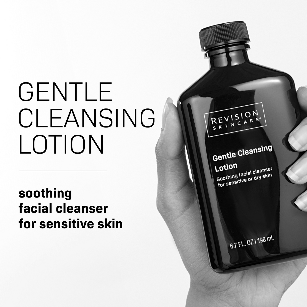A hand holds a black bottle labeled Revision Skincare Procedure Prep & Recover Regimen, a soothing facial cleanser for sensitive or dry skin, ideal for skincare routines or procedure prep, featuring bold text and a subheading for sensitive skin.