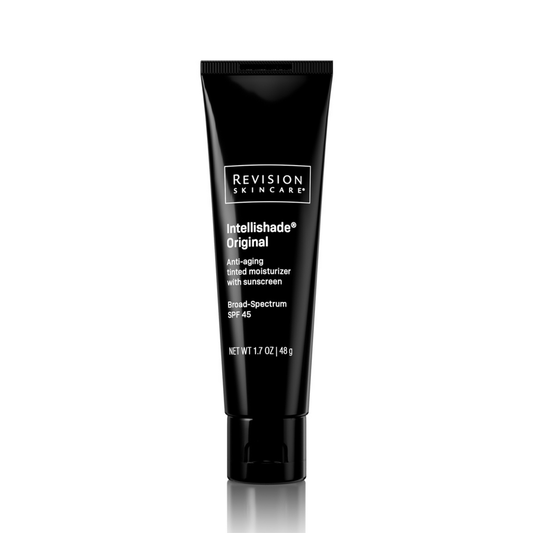 A black tube of Revision Skincare Intellishade® Original, an anti-aging tinted moisturizer with SPF 45, 1.7 oz (48g), stands upright on a white background.
