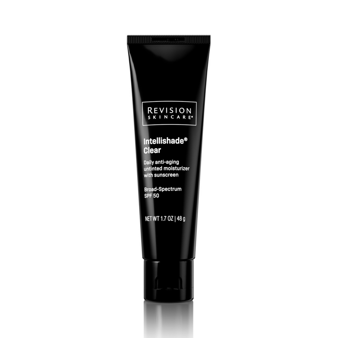 A black tube of Revision Skincare Intellishade® Clear 1.7 oz, an oil-free, age-defying moisturizer with broad-spectrum SPF 50, stands upright on a white background.