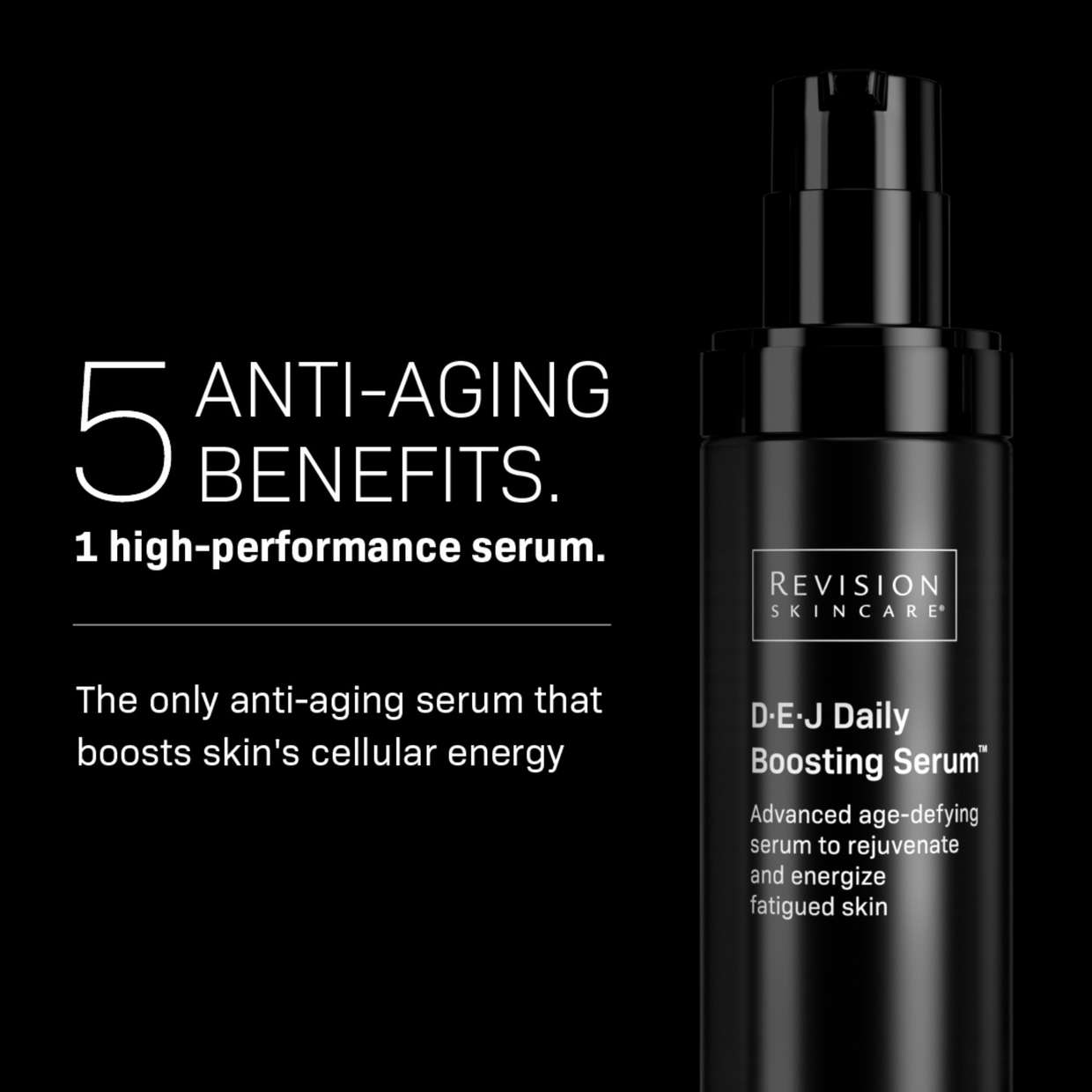 A black bottle of Revision Skincare Procedure Prep & Recover Regimen sits beside bold text declaring, “5 anti-aging benefits. 1 high-performance serum,” highlighting its role in boosting skin’s cellular energy for your daily skincare routine.