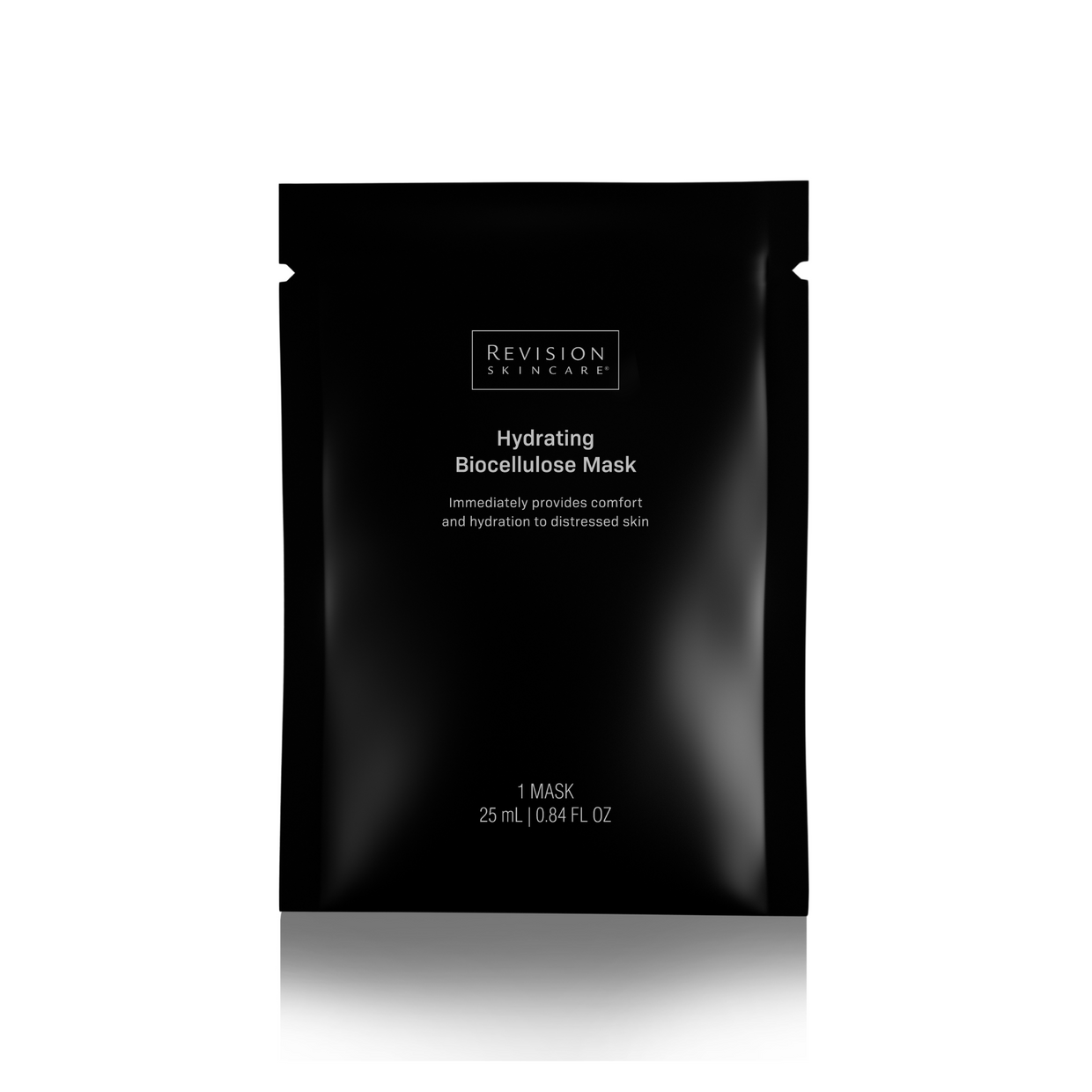 A black pouch labeled Revision Skincare Hydrating Biocellulose Mask sits on a white background, highlighting cooling hydration and comfort for post-procedure skin. The packaging notes it contains one mask, 25 ml (0.84 fl oz).
