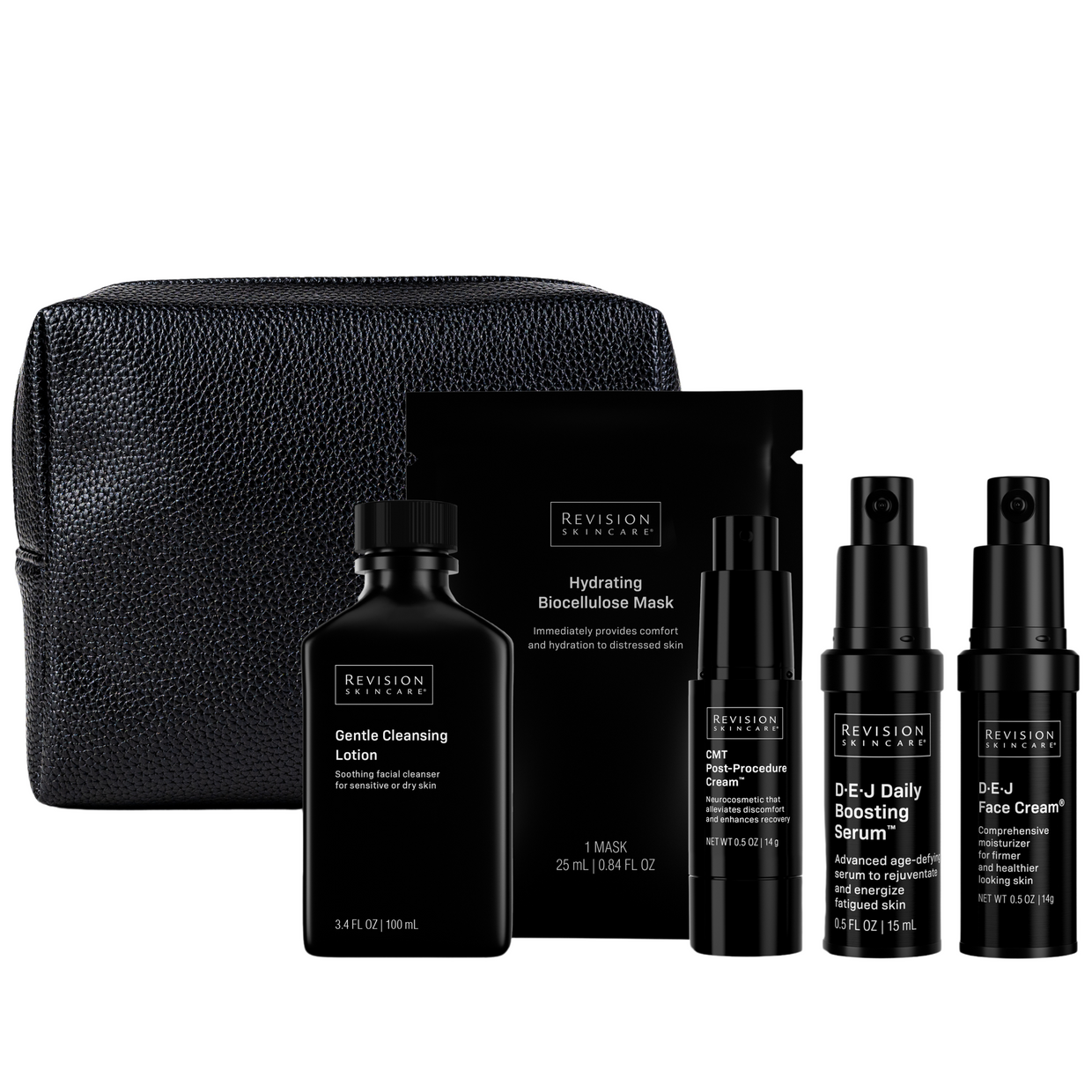 The Revision Skincare Procedure Prep & Recover Regimen includes cleansing lotion, serum, face cream, post-procedure balm, hydrating mask, and a black textured zip pouch—perfect for your skincare routine or procedure prep.