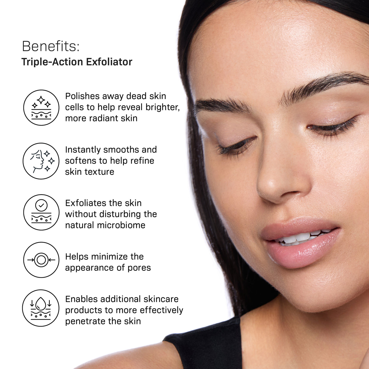 A woman with glowing skin appears beside a list of benefits for Revision Skincares Triple-Action Exfoliator, featuring pomegranate enzymes to refine texture, gently exfoliate, minimize pores, and boost skincare absorption.