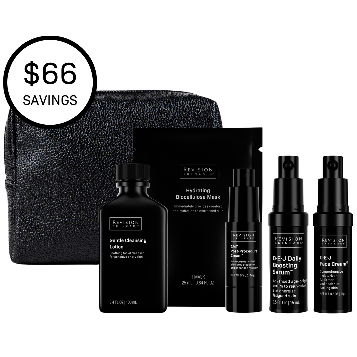 The Procedure Prep & Recover Regimen by Revision Skincare includes five black skincare products and a textured zip pouch, perfect for your routine. Includes lotions, serums, a mask, and creams with a $66 SAVINGS text overlay.