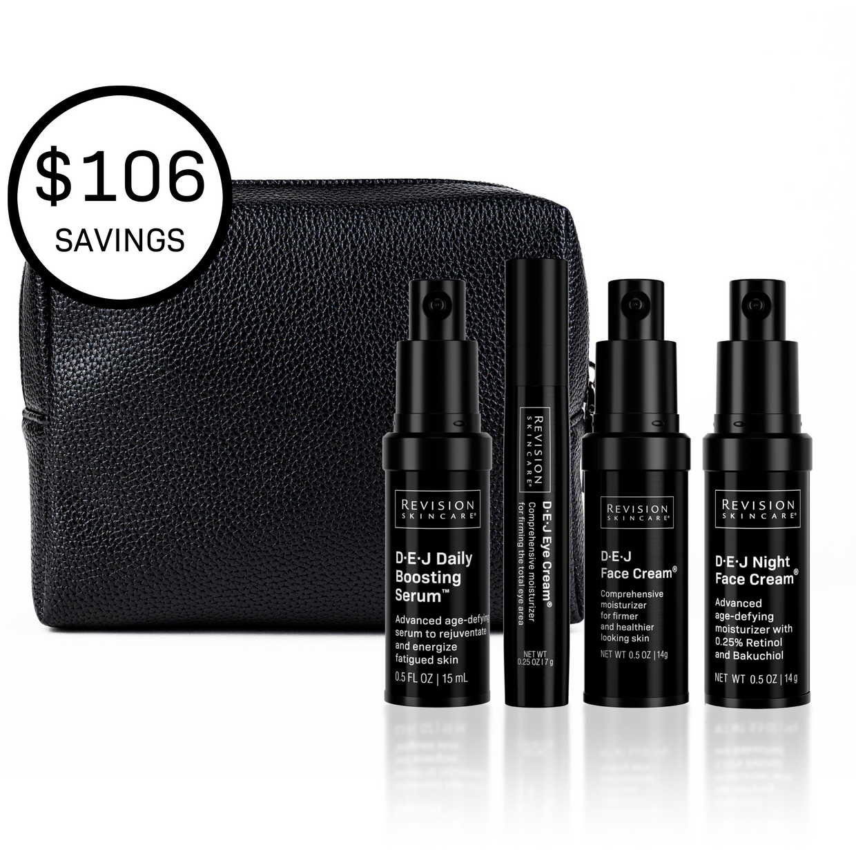 The D·E·J® Age-Defying Power Regimen by Revision Skincare comes in a black travel bag with four age-defying products in sleek black packaging, plus a label noting $106 savings.